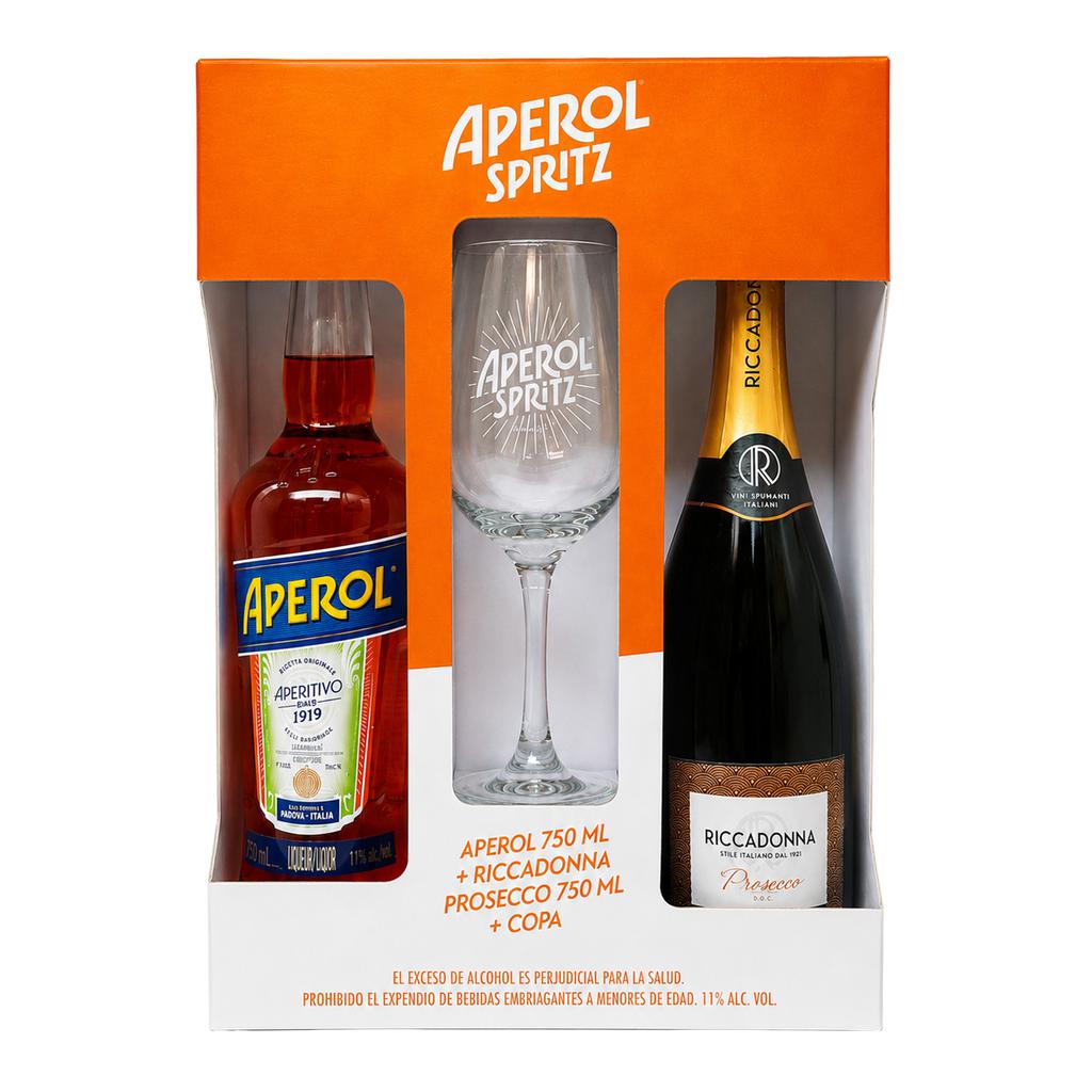 Aperol Spritz Estuche con Aperitivo + Riccadonna Prosecco 2 Unidades / 750 mL + Copa