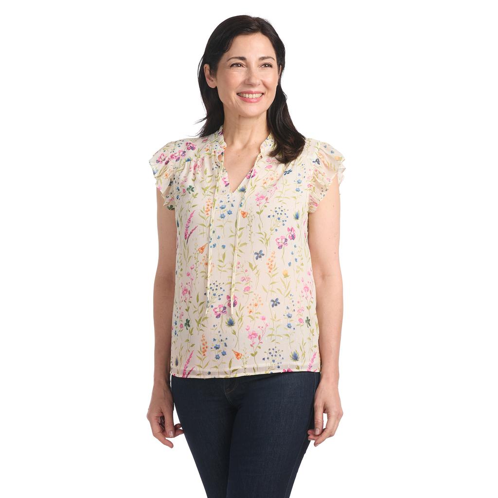 Carolina Belle Blusa Tejida con Cuello Fruncido y Manga Corta de Vuelo para Mujer