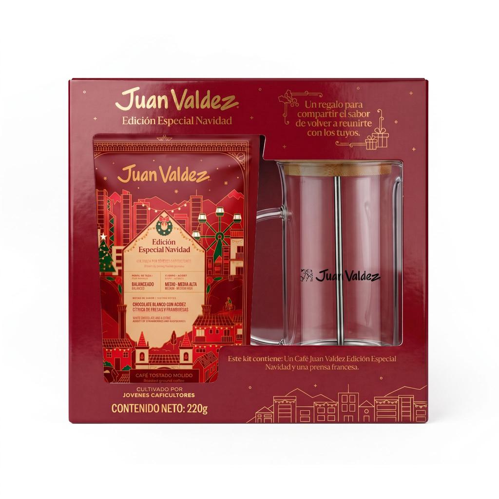 Juan Valdez Café Tostado Molido Edición Navidad 220 g + Prensa Francesa