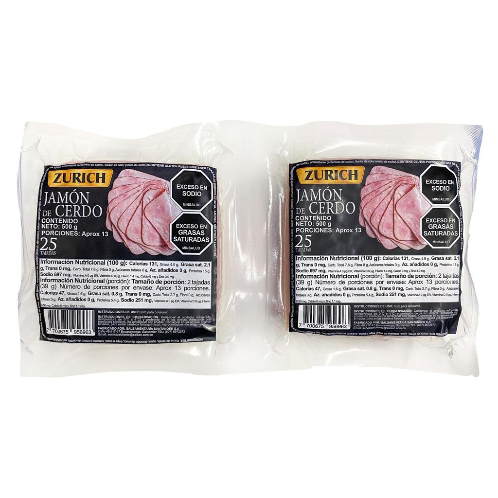 Zurich Jamón de Cerdo Rebanado 2 Unidades / 500 g / 17.6 oz