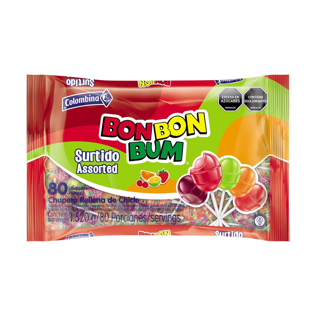 Bon Bon Bum Chupeta Rellena de Chicle con Sabores Surtidos 80 Unidades / 19 g