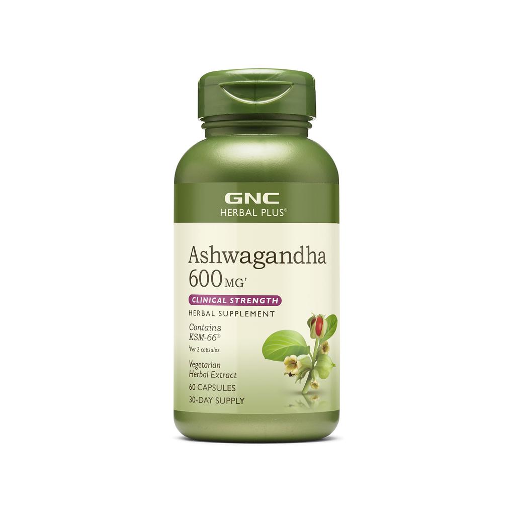 GNC Herbal Plus Ashwagandha Suplemento Antiestrés y Sueño Libre de Gluten 60 Cápsulas / 600 mg		