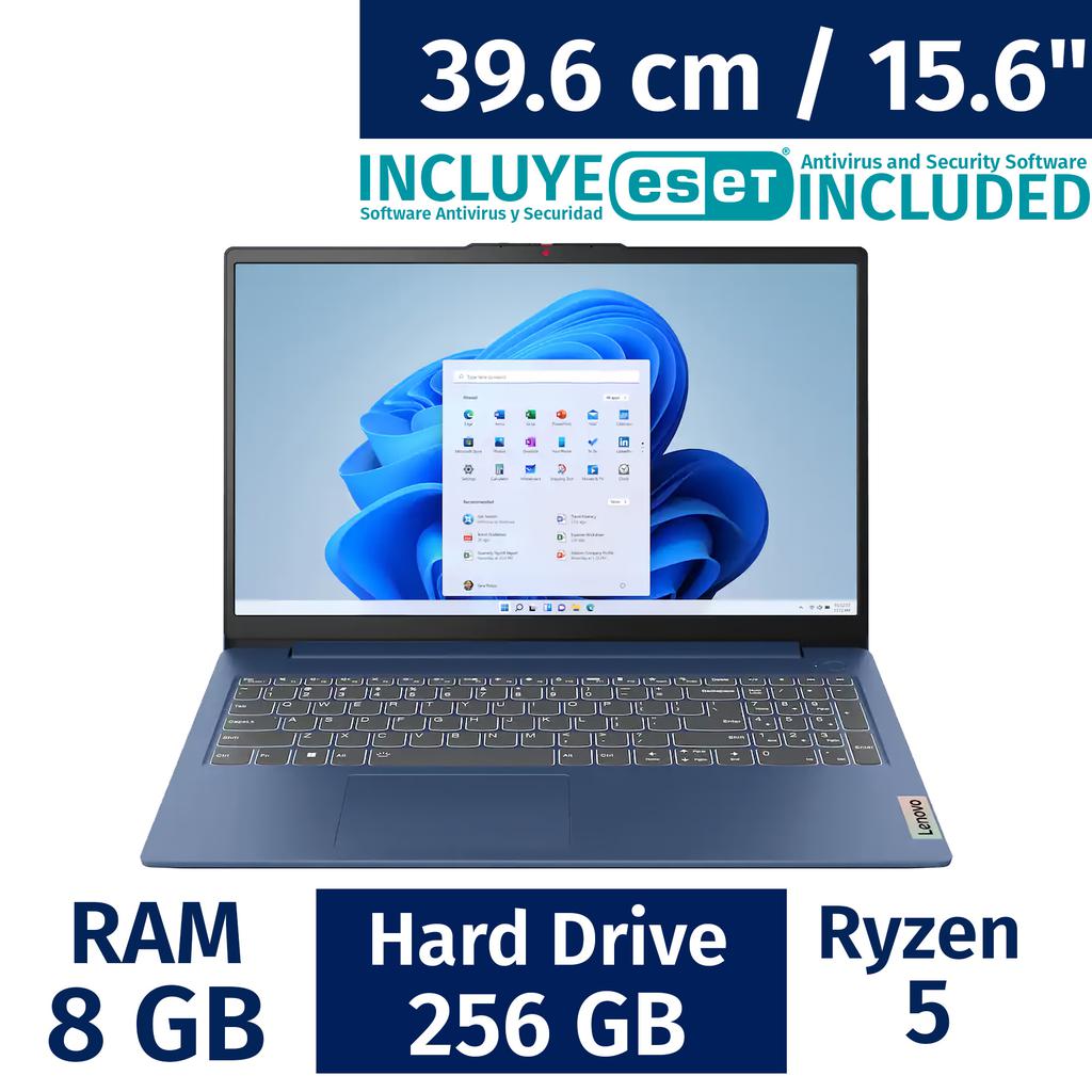 Lenovo 39.6 cm / 15.6" Pulgadas Computador Portátil Slim 3 AMD Ryzen 5 8 Gigabytes / 256 Gigabytes 82XQ012GUS + Antivirus ESET