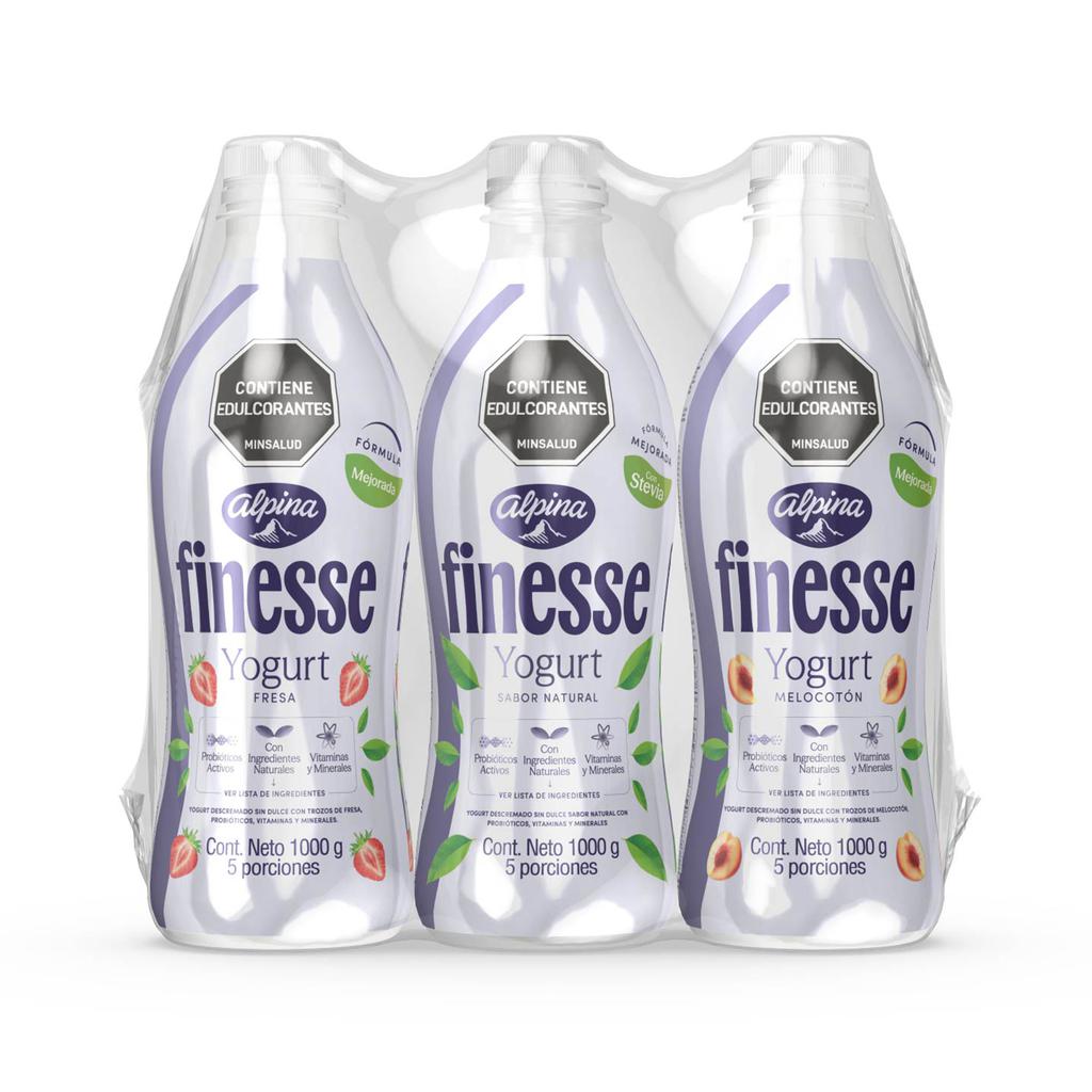 Alpina Yogurt Finesse Mix de Sabores Fresa, Melocotón y Mora, Surtidos 3 Unidades / 1 kg / 2.2 lb