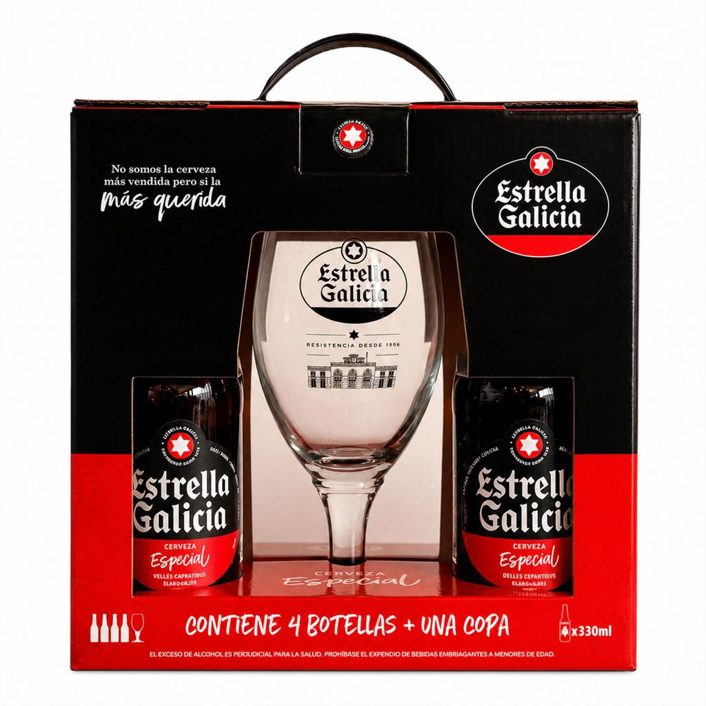 Estrella Galicia Cerveza Lager Especial 4 Unidades / 330 mL + Copa