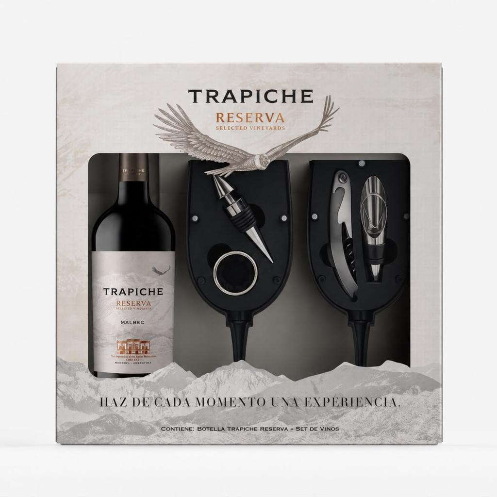 Trapiche Reserva Vino Tinto Malbec 750 mL + Set de Accesorios para Vino