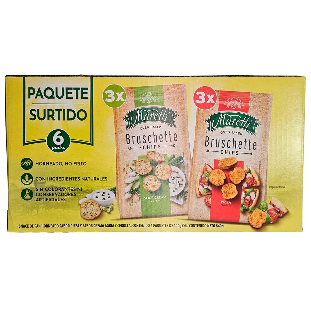 Maretti Bruschette Chips Snack de Pan Horneado Sabor a Pizza y Crema Agria con Cebolla 6 Unidades / 140 g
