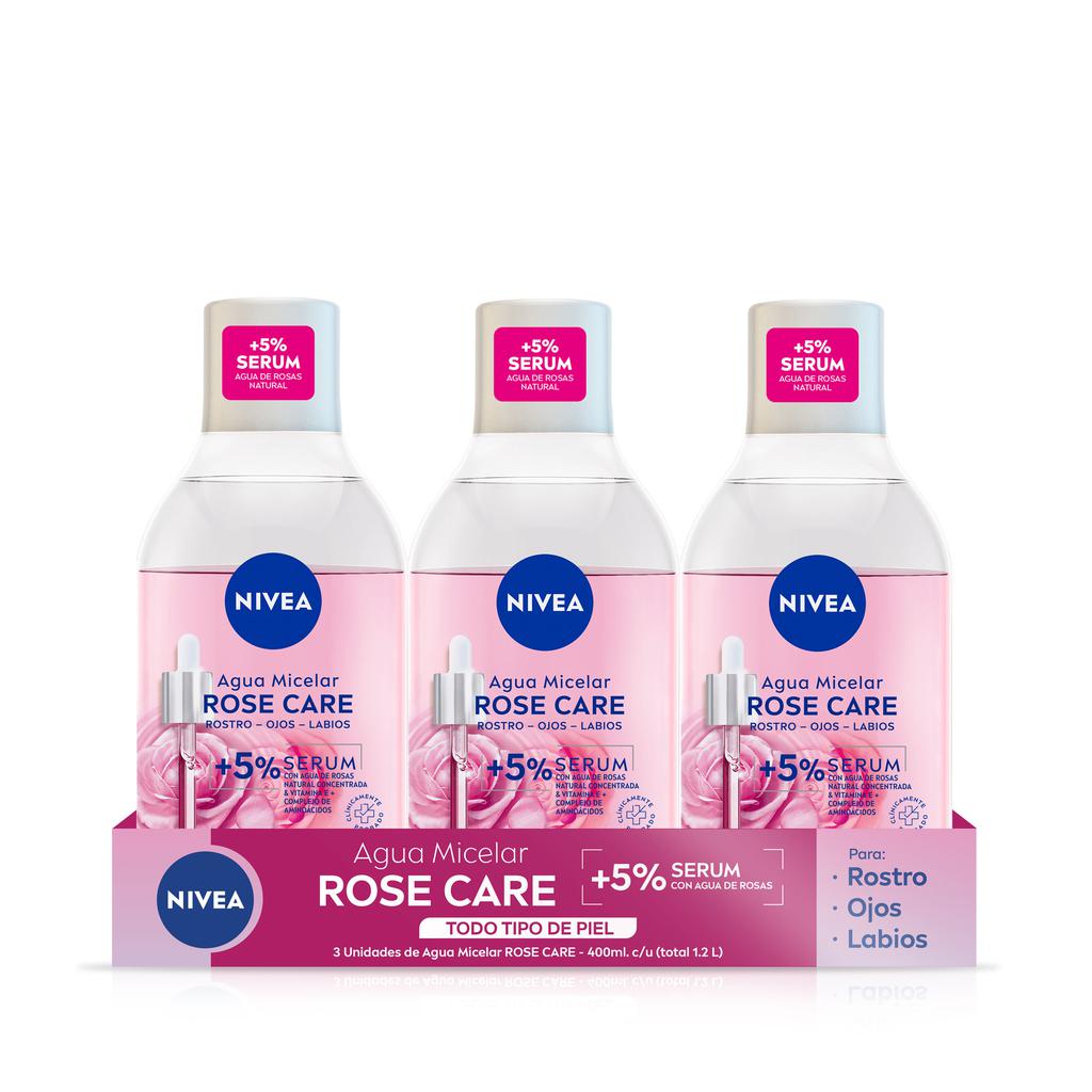 Nivea Agua Micelar Rose Care para Rostro, Ojos y Labios 3 Unidades / 400 mL