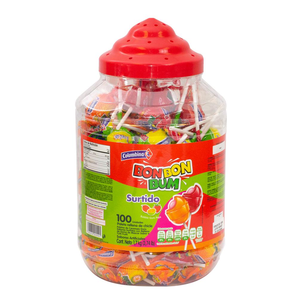 Colombina Lollipop Candy Bon Bon Bum Filled with Bubblegum 100 Units / 1.7 kg