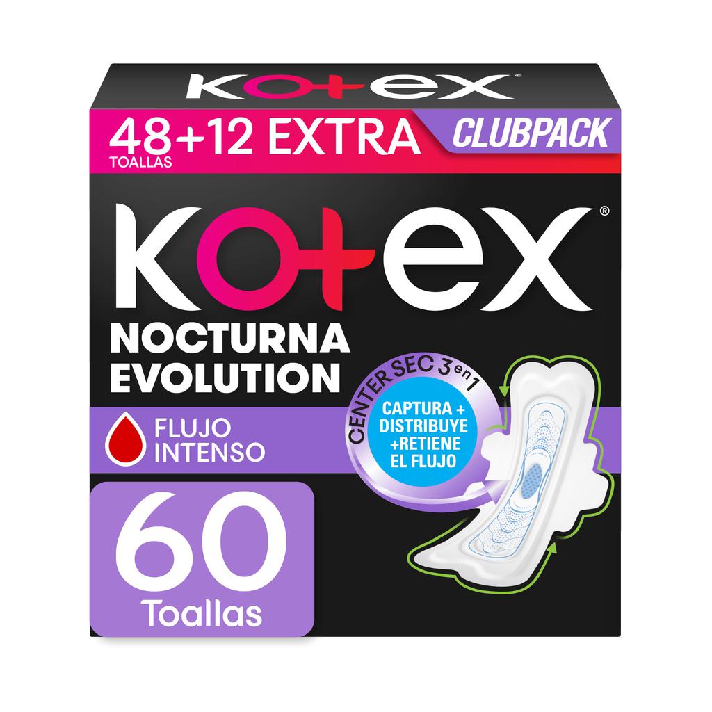 Kotex Nocturna Evolution Toallas Femeninas Extra Largas con Alas 60 Unidades