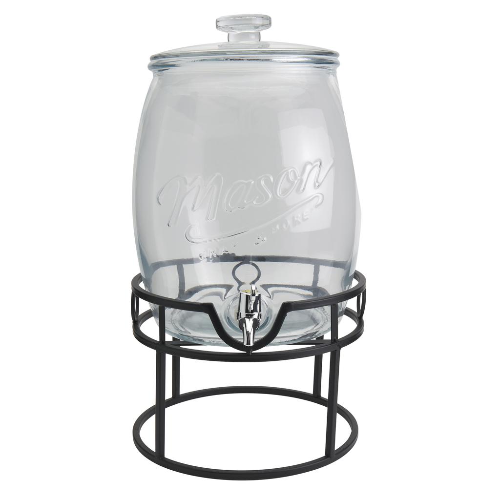 Mason Craft and More Jarra Dispensadora de Vidrio con Grifo y Soporte de Hierro Elevado para Bebidas 10.5 L / 2.77 gal