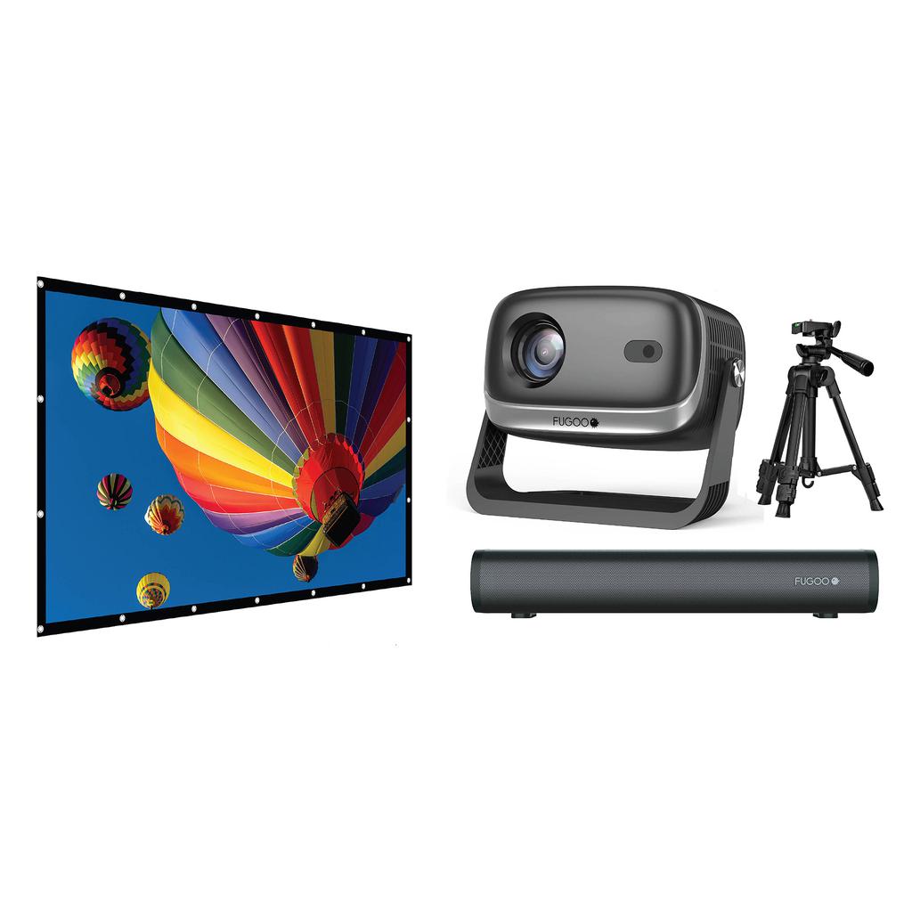 Fugoo Home Theater Projector with Soundbar, Projection Screen and Travel Case