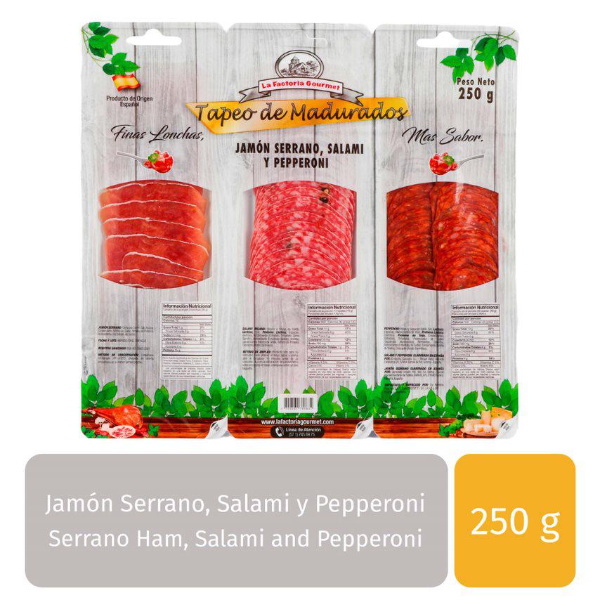 La Factoria Gourmet Tapeo de Madurados Jamón Serrano, Salami y Pepperoni / 250 g