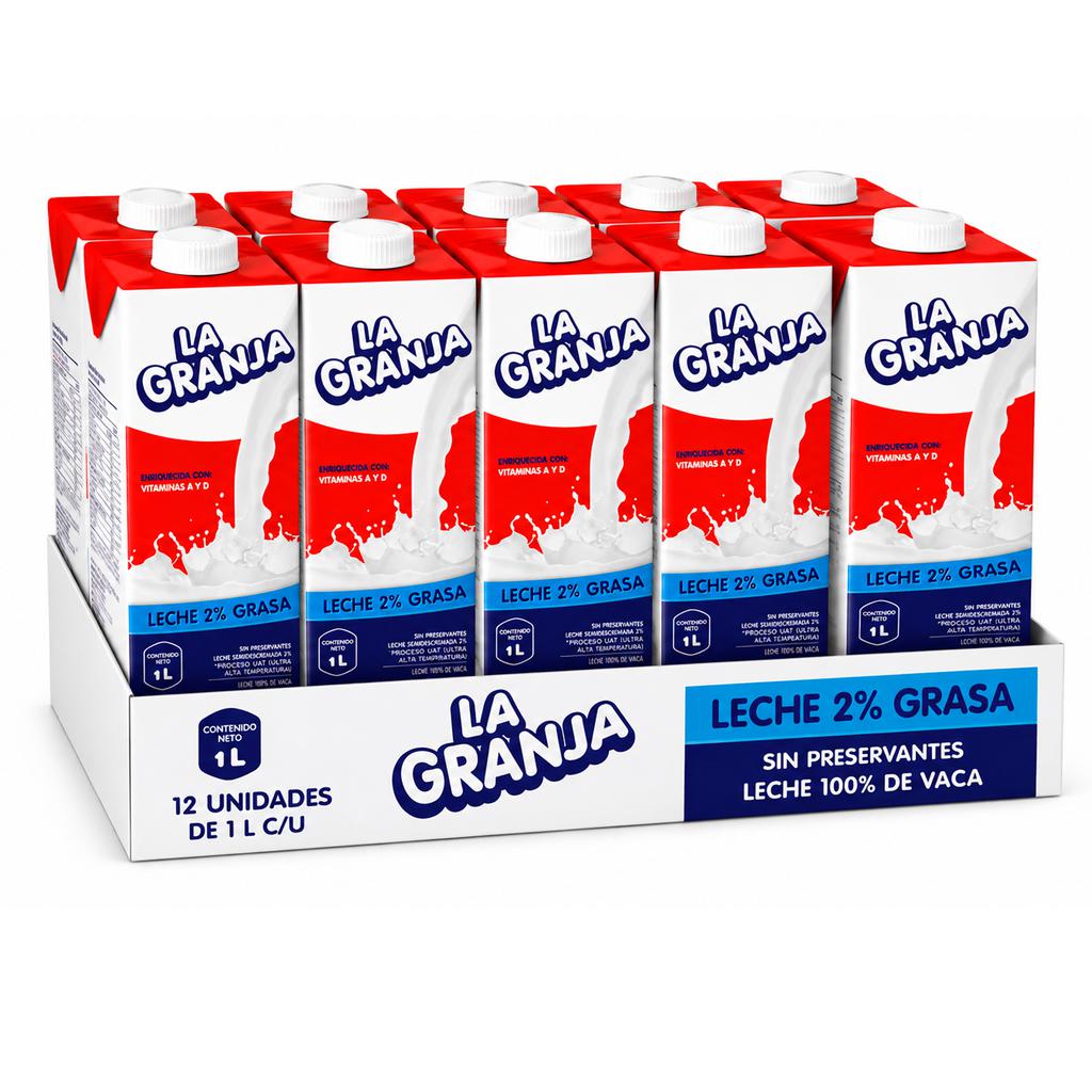 La Granja Leche Semidescremada 2% Grasa 12 Unidades / 1 lt / 34 oz