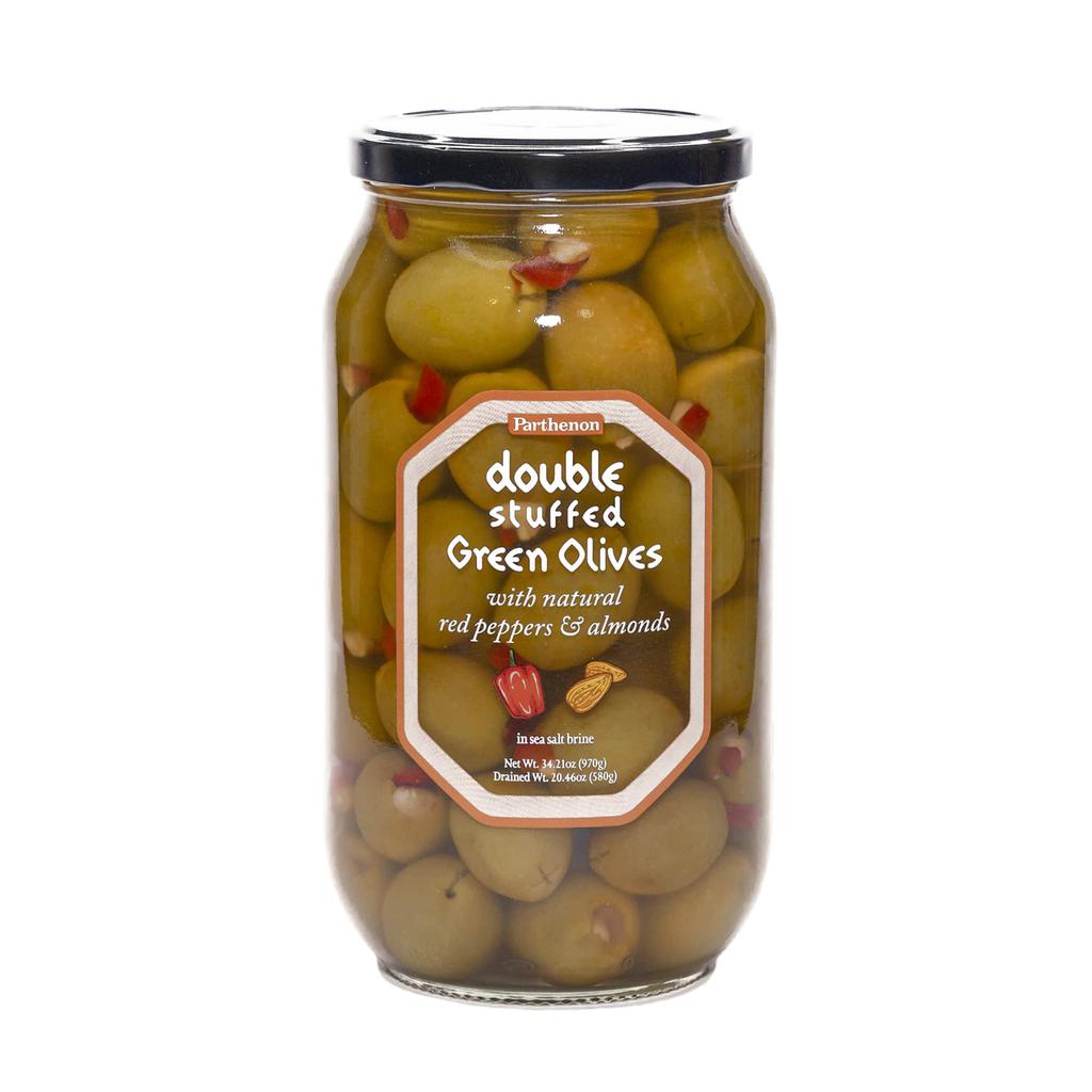 Parthenon Green Olives Stuffed with Natural Red Pepper and Almonds